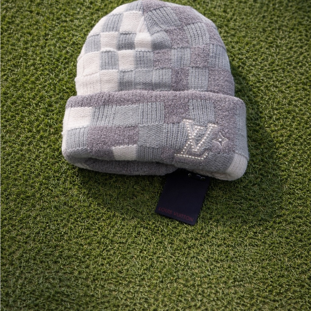 Louis Vuitton Kids Gray & White Checker Knit Beanie With Crystal Lv